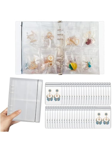 KASTWAVE Portable Transparent Jewelry Organizer Book with 96 Grids &amp; Zipper Bags for Earrings, Rings, Necklaces &amp; Bracelets - Travel-Friendly Storage Solution
