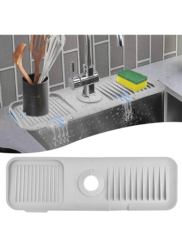U-HOOME Silicone Faucet Splash Guard, Faucet Handle Drip Catcher Tray 17.7 * 5.5 Inch,Sink Protectors Absorbent Mat,Sink Faucet Drying Mat,Dish Soap Sponge Holder for Kitchen, Bathroom (Grey)