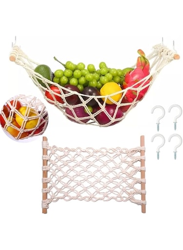 Zarami Fruit Hammock for Kitchen Under Cabinet-Macram&eacute; Fruit Hammock Basket for Bananas with 4 Hooks for Kitchen, Hanging Banana Hammock Fruit Holder, Produce Hammock, RV Fruit hammock