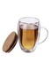 TIME Double Walled Glass Coffee Cup 350ml with Handle &amp; Bamboo Lid &acirc;&euro;&ldquo; Heat Insulated Tea Mug, Modern Clear Cup for Home &amp; Office