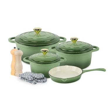 VAV GET Healthy and Safe Non-Stick Enameled Cast Iron 7-Piece Dutch Oven Cookware Set with Gloves and 2-Piece Mills.