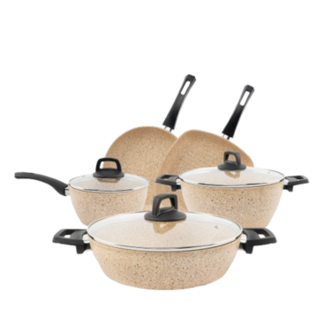 VAV GET Premium Granite 8-PCS Cookware Set, Healthy, Safe, Eco-Friendly, Non-Stick, Durable. Set includes: 26cm Deep and Shallow Casseroles, 18cm Sauce, 26cm Fry and 28cm Grill Pans with Lids.