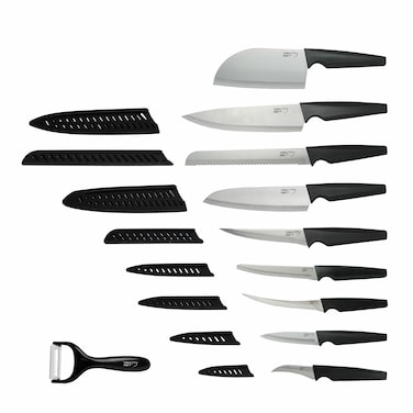 VAV GET Premium 18-Piece Black Stainless Steel Knife Set, Non-Slip Comfort Handles, Sharpened Chef Knives, Fruits &amp; Vegetable Peeler Included, Ideal for Home &amp; Professional Kitchen