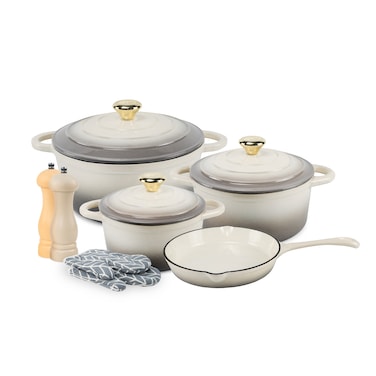 VAV GET Healthy and Safe Non-Stick Enameled Cast Iron 7-Piece Dutch Oven Cookware Set with Gloves and 2-Piece Mills.