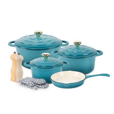 VAV GET Healthy and Safe Non-Stick Enameled Cast Iron 7-Piece Dutch Oven Cookware Set with Gloves and 2-Piece Mills.