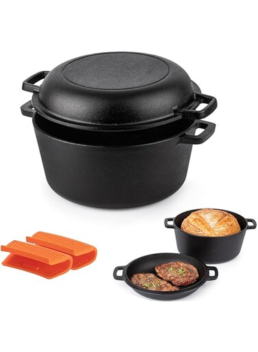 Dsocool 2-in-1 Pre-Seasoned Cast Iron Dutch Oven Pot with Skillet Lid Cooking Pan, Cast Iron Skillet Cookware Pan Set with Dual Handles Indoor Outdoor for Bread, Frying, Baking, Camping, BBQ
