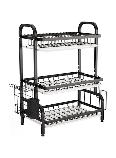 MOSYCLE Dish Drying Rack, 3-Tier Dish Rack Drainboard Set, Large Rust-Proof Dish Drainer with Drip Tray Knife Holder, Cutting Board Holder for Kitchen Dish Strainers Dish Dryer Rack for Counter(Black)
