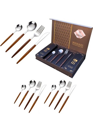 Luxury Silver Cutlery Set with Wooden Handles &acirc;&euro;&ldquo; 12-Piece Stainless Steel Flatware (3 Complete Place Settings: Knife, Fork, Spoon, Teaspoon) for Elegant Dining &amp; Special Occasions