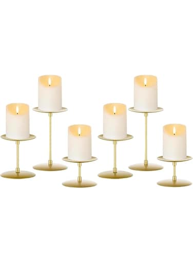 THE WHITE SHOP Candle Holder, Gold Metal Pillar Table Centerpiece Set of 3 Candelabra, Decorative Candle Holder, Candle Stand for Christmas Decor