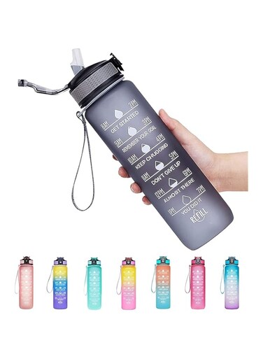 Khazna Motivational Large Water Bottle 1L Plastic Water Bottle With Time Markers, Leak Proof Water Bottle For Kids, School Water Bottles (GREY)