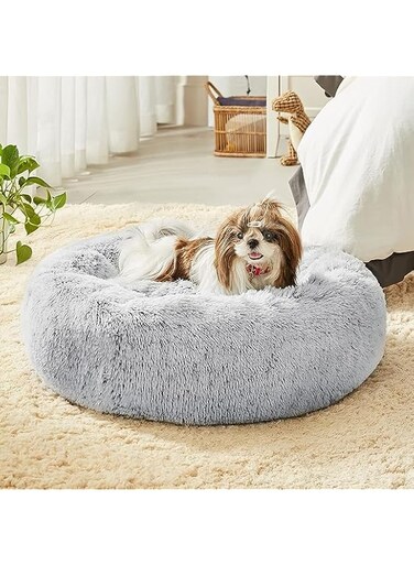Nyganmelloz Faux Fur Dog Bed &amp; Cat Bed, Original Calming Dog Bed for Small Medium Large Pets, Anti Anxiety Donut Cuddler Round Warm Washable Cat Bed for Indoor Cats(24", Light Grey)