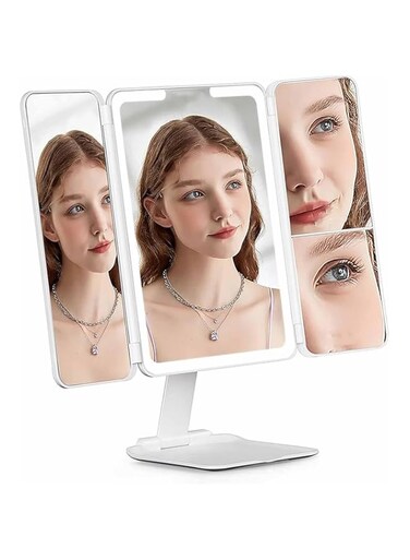 Tazweeq Travelling Makeup Mirror, Rechargeable 1x/3x/5x Magnifying Triple Folding Makeup Mirror with Illuminator, Touch Control Illuminated Makeup Mirror (White)