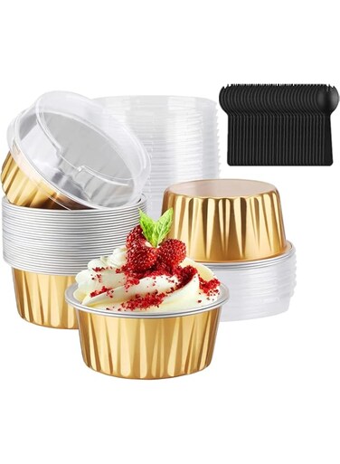 50 Pcs Aluminum Foil Loaf Pans,Bread Pans with Lids and Spoons,Disposable Baking Pans Loaf Baking Cups Ramekins Dessert Bakeware Pans Containers for Cheese Cake Creme