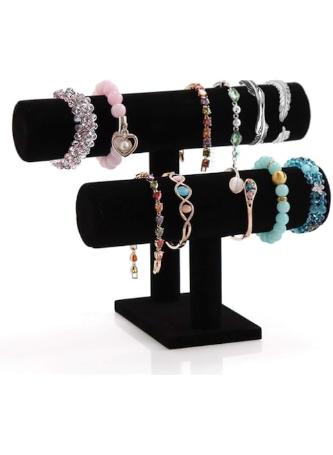 powerking Jewelry Stand, 2 Tier Pure Velvet 2 Tier T-Bar Jewelry Organiser Bracelet Display Stand for Bracelet Necklace and Watch, Black