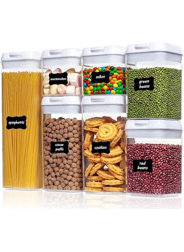 Tazweeq Airtight Food Storage Box, 7 Piece BPA Free Plastic Grain Containers with Easy Lock Lid for Kitchen Pantry Organization and Storage, Includes 24 Labels（White）