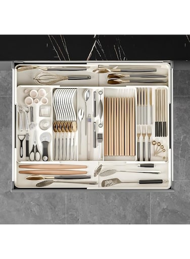 ANTOLE Kitchen Drawer Organizer,4 Sides Expandable Utensil Tray for Kitchen,Adjustable Silverware Flatware Holder,Cutlery Organizer Tray for Spoons Forks Knives