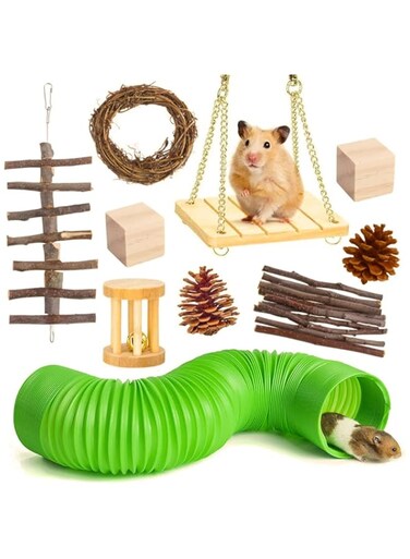 NeoStyle 10pcs Hamster Chew Toys Set,Hamster Fun Tunnel,Small Animal Combo Apple Wood Activity Toys,Hamster Accessories,Toys for Guinea Pigs,Rabbits,Chinchilla,Ferrets,Rats(10-Piece Toy Set)