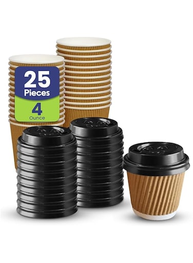 SNH Packing 25 Pieces 4oz Disposable Ripple Cup Brown With Lid - Kraft Hot Tea, Coffee, Kahwa, Hot Drinks &amp; Cold Drinks Cups