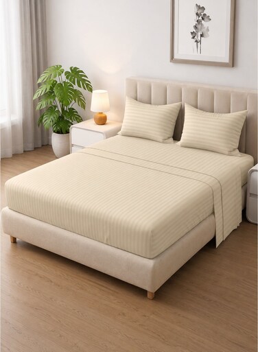 Linen Klub Striped Microfiber Fitted Sheet Set - Single (90 x 190 cm) + 2 Pillowcases (50 x 75 cm), Premium, Durable Quality, and Deep Pocket for a Perfect Fit, Beige
