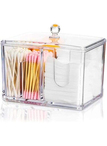 Cotton Swab, Pad, and Ball Storage Dispenser with Clear Lid and 4 Sections, Stylish and Practical Organizer for Q-Tips, Cotton Balls, Easy Access, Dust-Proof, and Low Maintenance, 14.5x10.5x13 cm