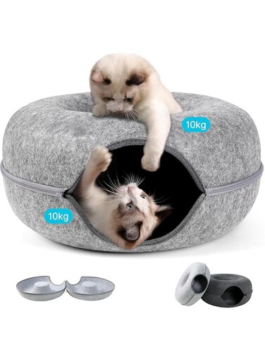 LIFE HACKS&reg; Cat Donut Cave Bed with Tunnel &ndash; Cozy Washable Felt Cat Cave, Interactive Play Tunnel Bed for Indoor Cats, Holds Up to 20kg (Light Grey, 50 cm)