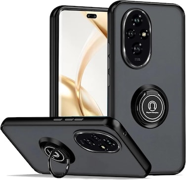 Honor 200 Case Flexible Silicone Protective Bumper, Camera Protection Thin Translucent Shockproof Matte Back Cover with 360 rotational Car Mount Magnetic Ring Holder For Honor 200 5G 2024 (Black)
