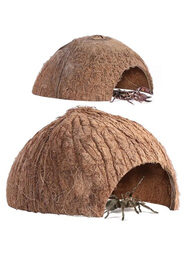 POPETPOP 2pcs Reptile Hideouts- Natural Coconut Shell Hut Lizard Habitat Decor Hermit Hut for Gecko Spider Snail Cave House