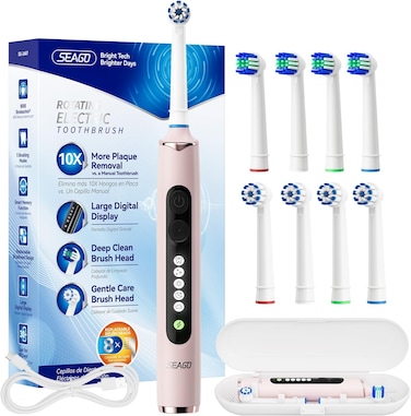 Seago Rotating Electric Toothbrush for Adults with 8 Brush Heads, 5 Cleaning Modes, Rechargeable Sonic Toothbrush with Timer and Travel Case for Adults and Kids(SG-2607-Pink)