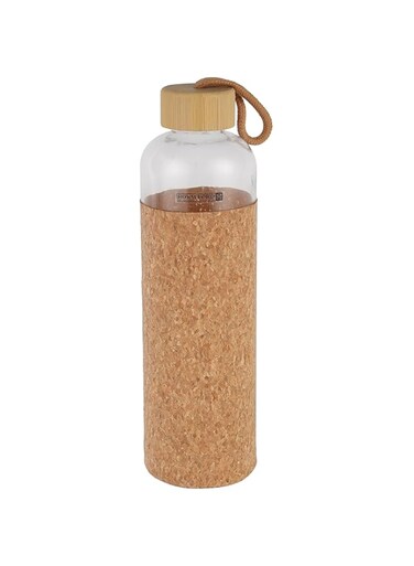 Royalford 1000 ML (33.8 oz) Water Bottle- RF11927  Transparent Glass Bottle with Bamboo Lid and Removable Cork Sleeves  Water Bottle for Home, Office and Gym  Leak-Proof and Eco-Friendly