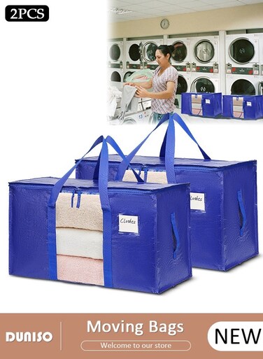 2-Pack Moving Boxes, Storage Bins for Clothes, Blankets, Comforters, Foldable with Clear Window, Large Bags with Sturdy Handles for College Move in, Totes for Storage and Camping