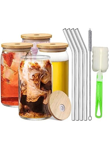 4 Pieces Glass Cups with Bamboo Lids and Glass Straw- Beer Can Shaped Drinking Glasses Set,Cute Boba Drinking Glasses 500ml