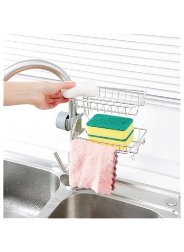 KASTWAVE Sponge Holder for Kitchen Sink- 2 Tier Premium Stainless Steel Caddy Dish- Suction Organizer Basket with Perfect Drainage, Hanging Rack for Bathroom and Kitchen Soap Dish Sink Organize