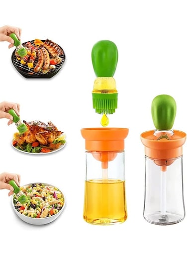 2-in-1 Cooking Oil Dispenser and Brush Bottle, Transparent Glass Container with Silicone Head, Ideal for BBQ, Roasting Chicken, Salad Dressing, Easy Refill, Drip-Free and Durable Design