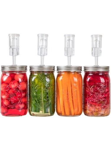 JILLMO Fermentation Kit for Wide Mouth Jars - 4 Airlocks, 4 Silicone Grommets, 4 Stainless Steel Wide mouth Mason Jar Fermenting Lids with Silicone Rings (4 Set, Jars Not Included)