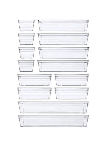 DeloPik Desk Drawer kitchen Organizers Trays Set Clear Plastic Storage Bins Bathroom Drawer Tray Dividers Vanity Trays Organizer for Bedroom Dresser Makeup Kitchen Utensil Office (14 Pack)