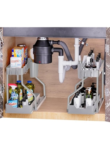 Puricon 2 Pack Under Sink organizer Pull Out Under Sink Organizers and Storage, 2-Tier Multi-Use Bathroom Organizer Under Sink Shelf with Sliding Drawer Kitchen Sink Organizer Under Cabinet -Grey