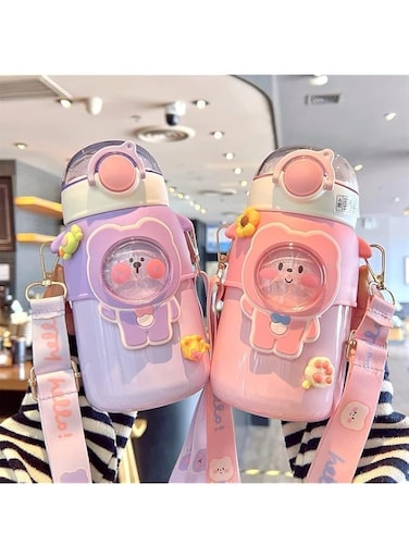 ChezMax Kawaii Bear Straw Bottle with Shoulder Strap, 20oz Leak-proof Stainless Steel Vacuum BPA free Cute Insulated Water Bottles and Kawaii Stickers for Girls School Office (Pink)