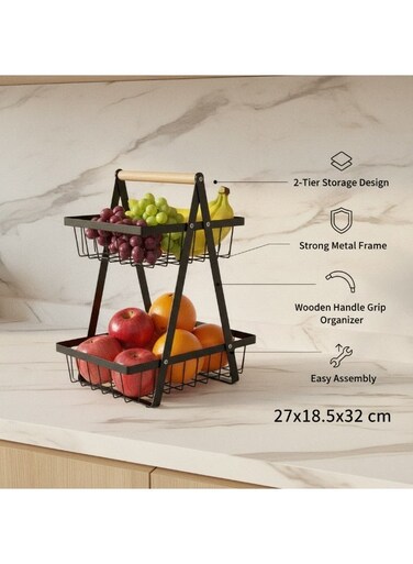 2 Tier Fruit Basket Stand Metal Kitchen Organizer Vegetable &amp; Bread Storage Rack Countertop Holder with Wooden Handle Black 27&Atilde;&mdash;18.5&Atilde;&mdash;32cm