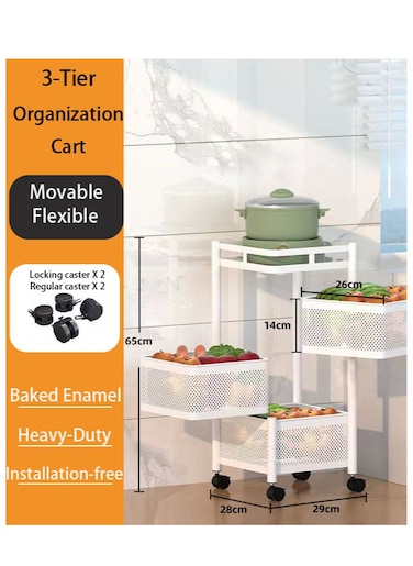 Multi-Layer Kitchen Storage Rack Rotatable Kitchen Shelf 3 Movable Wheels for Fruits, Vegetables, and Household Items, White