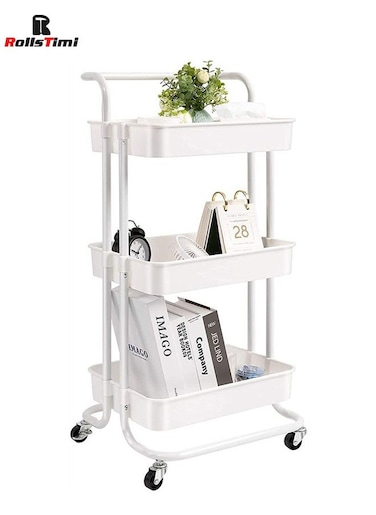 3 Tier Utility Rolling Storage Cart With Handles And Lockable Wheels,White