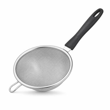 FITTO Mesh Strainer - Black Handle, Silver and Black, Dia 16 x L 32 cm