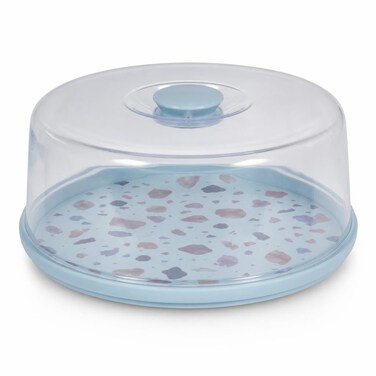 FITTO Cake Stand With Clear Dome Cover - Round Plastic Plate, Blue-Teal Base Ring, 30 cm