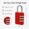 FITTO 3-Digit Combination Padlock - Resettable Code, Steel Shackle, Red