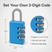 FITTO 3-Digit Combination Padlock - Resettable Code, Steel Shackle, Blue