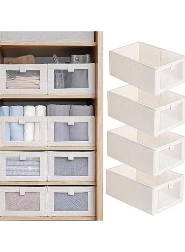 4 Pieces Foldable Fabric Clothing Storage Box with Steel Frame   Modern Wardrobe Organizer Closet Organizer for Sweaters &amp; Pants   Stackable, Lidless, Toy Organizer Box Cube Storage Bin Clothes Organizer for Clothes with Transparent Front Window for Closet &amp; Home Storage