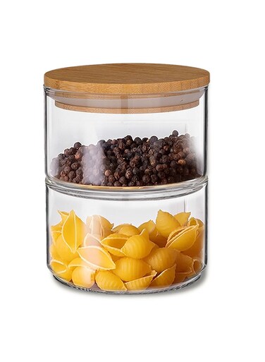 2-Layer Glass Storage Jar, 400 ml, Borosilicate Stackable Container With Airtight Bamboo Lid, For Tea Coffee Spices and Snacks