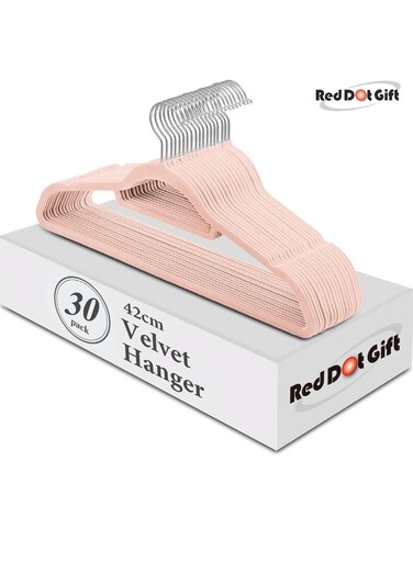 Dot Gift 30 Pieces 42cm Pink Non-Slip Velvet Clothes Hanger with 360 Degree Rotatable Hook, Durable and Slim