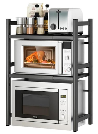 Extendable Microwave Oven Rack,Microwave/Toaster Shelf Heavy Duty Stand Kitchen Counter Top Organizer,Adjustable Height &amp; Length,2-Tier with 6 Hooks, 55lbs Weight Capacity
