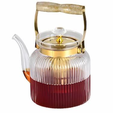 Borosilicate Ribbed Glass Teapot with Infuser - 1100ml Gold Handle Heat Resistant Stovetop Tea Kettle

