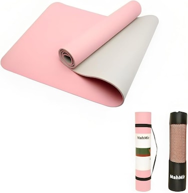 MahMir Yoga Mat Anti-Slip Exercise Mat with Carrying Bag Fitness Mat for Pilates 183CM*61CM*6MM Thickness for Woman Man Beginners Dark (Pink + Light Grey)